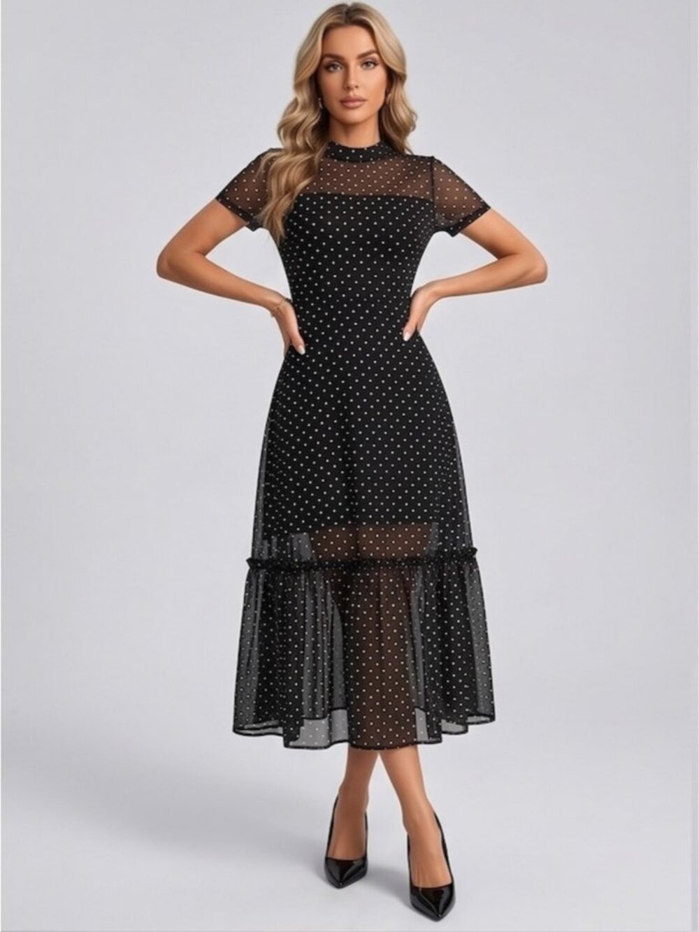 Polka Dot Mesh Overlay Midi Dress with Ruffle Hem Black